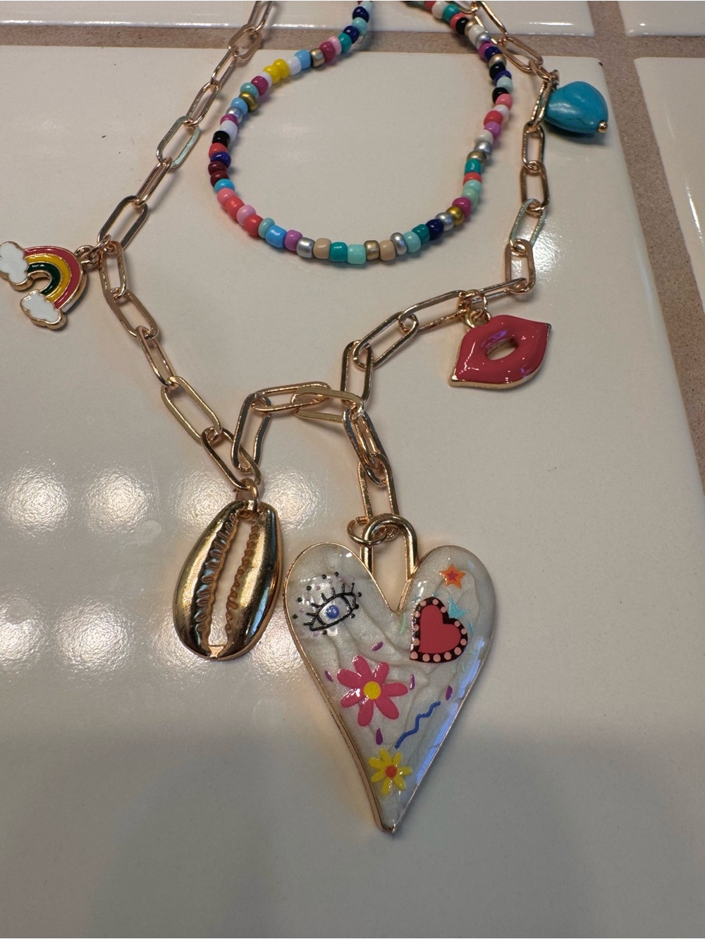 Gold Link Heart Charm Necklace with Multicolor Enamel Heart and Shell Charms